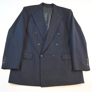 Vtg USA Made Double Breasted 46R Navy Blue Chalk Stripe Wool Blazer Sport Coat